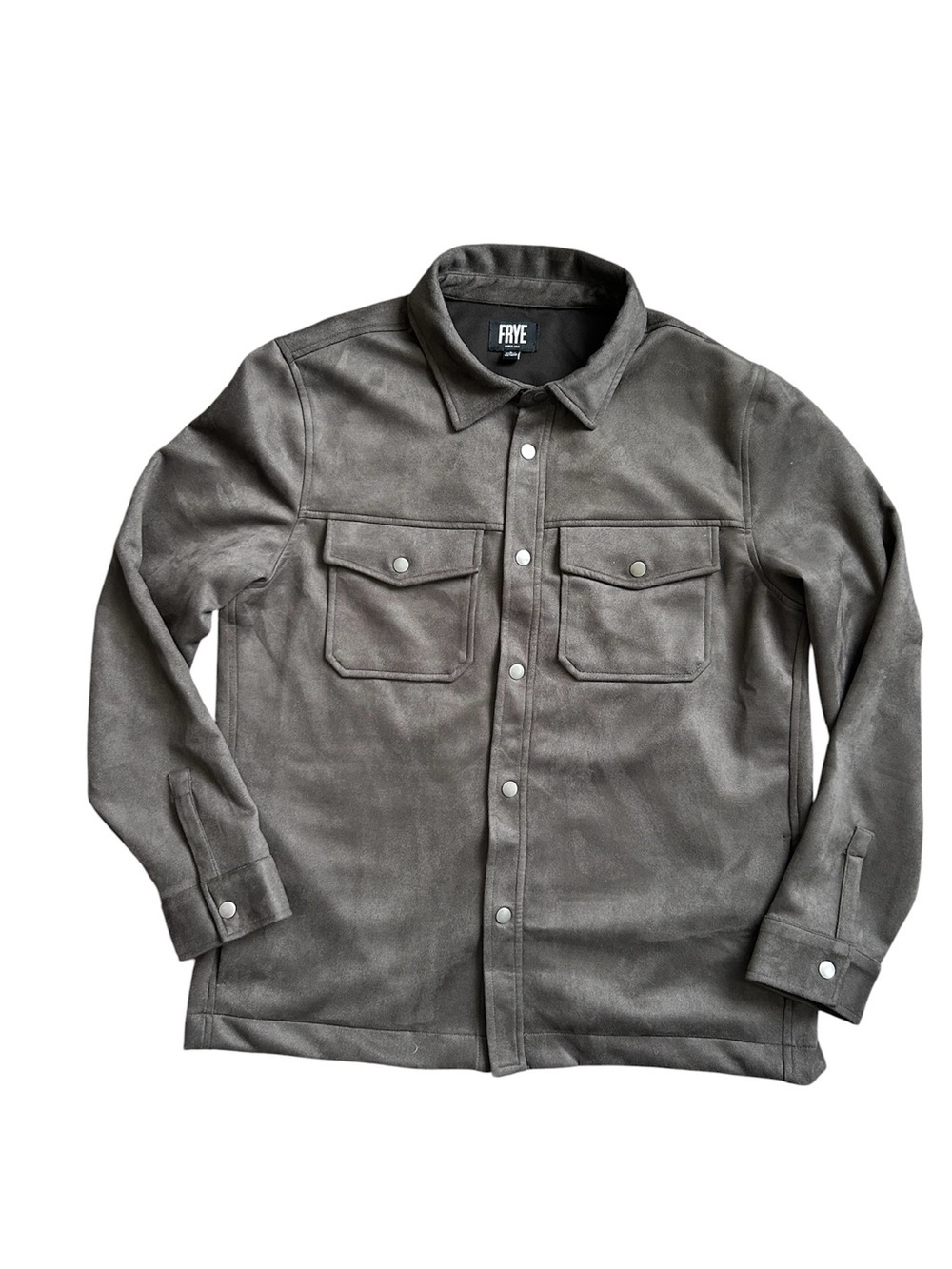FRYE NWOT Gray Faux Suede Snap Up Shacket with Pockets size Large